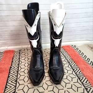 WHITE BULL DESIGN & BLACK LEATHER COWBOY BOOTS, SZ 9